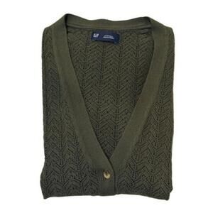 Gap Olive Green Open Knit V-Neck Cardigan Sweater Pointelle Boho XXS